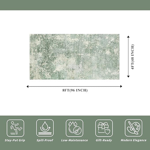 4x8 Washable Indoor Entryway Rug – Non-Slip Rubber Backed Floor Mat for Kitchen, Hallway, Bedroom – Modern Abstract Low-Pile Thin Wide Carpet Runner for Bathroom, Living Room, Office (Sage Green, 4x8)