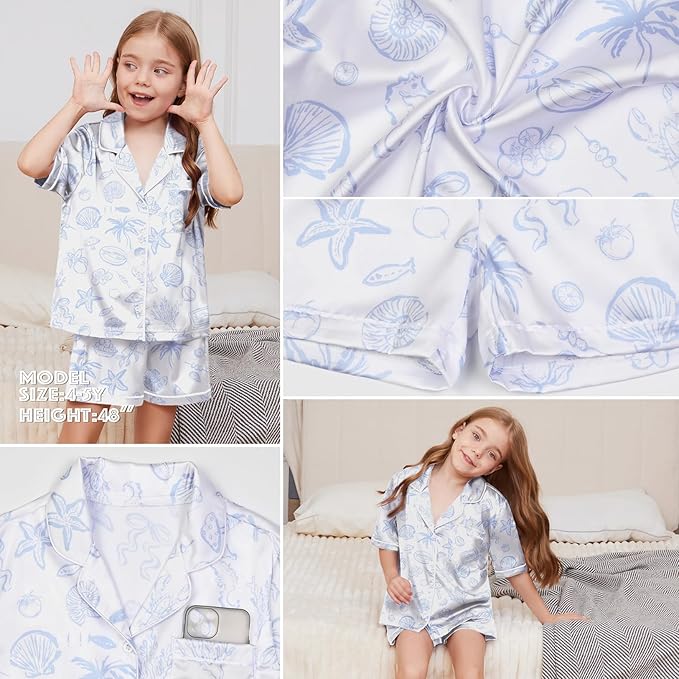 QPANCY Kids Satin Pajamas Sets Baby Boy Girl Button-Down Silk Sleepwear 2 Piece Short Sleeve Loungewear Clothes Set