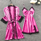 Women's 4pcs Silk Satin Pajamas Set Floral Lace Trim Dress with Robe Lounge Sleepwear Nightdress Novelty Loungewear