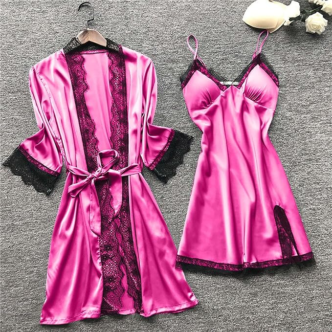 Women's 4pcs Silk Satin Pajamas Set Floral Lace Trim Dress with Robe Lounge Sleepwear Nightdress Novelty Loungewear