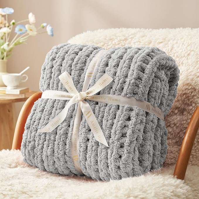 Amélie Home Chunky Knit Throw Blanket for Couch, Soft Chenille Handmade Crochet Throw Rope Knot Blanket for Children, 40"x50", Light Grey