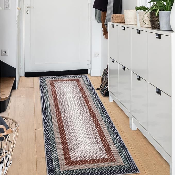 RUGSREAL Hallway Runner Rugs 2x6 Braided Rug Machine Washable Kitchen Rug Farmhouse Runner Carpet Non Slip Stain Resistant Rustic Runner Modern Printed Rug for Living Room Bedroom, Olive/Brown