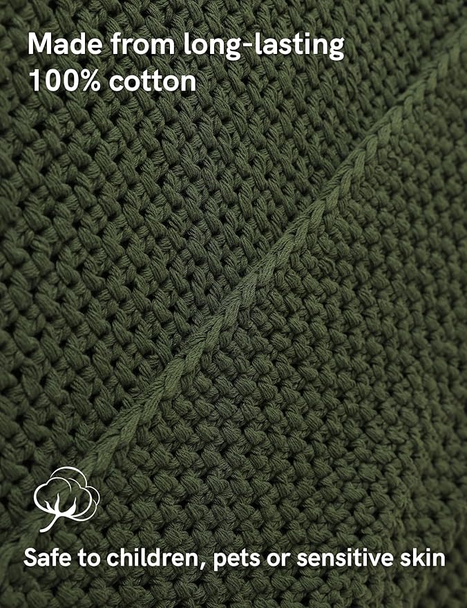 YnM Chunky Cotton Knit Throw Blanket, Cable Knit Throws for Bed Couch Sofa, Comfy & Relaxing, Decorative Piece for Farmhouse Modern Boho Rustic Scandinavian Chic Vibe, Pine Green 40x50 Inches