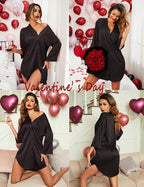 Ekouaer Satin Nightgowns for Women Silk Sleepwear Button Down Sleepshirt 3/4 Sleeve V-Neck Nightshirts with Pockets