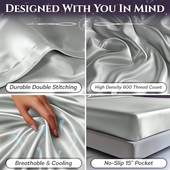 SLEEP SANCTUARY Satin Sheets Twin Size – 3 Piece Luxury Silky Bed Set, Softer Than Silk, 15" Deep Pocket, Cooling & Wrinkle-Free, Moisture-Wicking & Breathable for Hair & Skin (Grey)