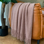 LOMAO Knitted Throw Blanket with Tassels Bubble Textured Lightweight Throws for Couch Cover Home Decor (Brownish Pink, 50x60)