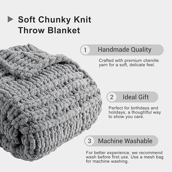 Battilo Light Grey Chunky Knit Throw Blanket for Couch, Thick Warm Cozy Soft Chenille Throw Blanket, Handmade Cable Knit Blanket for Sofa,Bed, Living Room, 50"x60"