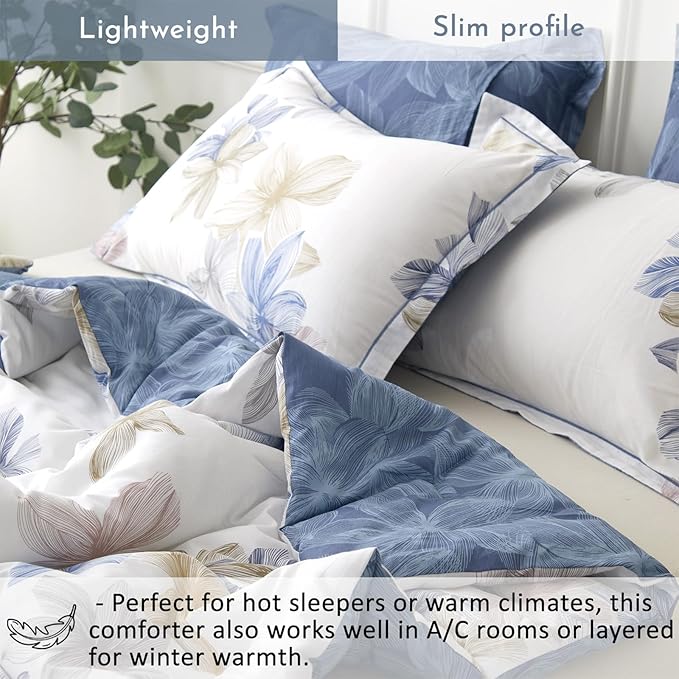 ALEISSEL Natural Cotton 3pcs Floral Comforter Sets Queen Size - Grayish White Comfoter with Blush & Tan Floral Print, Aegean Blue Reverse, Vintage Lightweight Bedding Sets(Queen 90"×90")