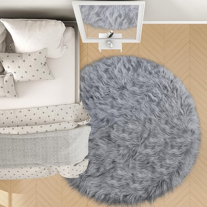 Grey Faux Fur Round Rugs for bedroom Living Room, 5'X5' Fluffy Circle Rug for Kids Room, Furry Carpet for Teen Girls/boys Room, Non-Slip Shaggy Circular Rug Plush Rug