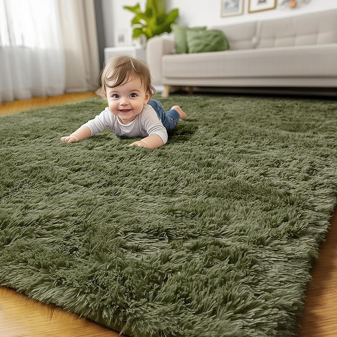 Amdrebio Olive Green Rugs for Bedroom Living Room, Fluffy Shaggy Modern Area Rug 4x6 for Girls Boys Kids Room Decor, Soft Plush Fuzzy Furry Cool Carpet for Nursery Classroom Dorm Playroom Apartment