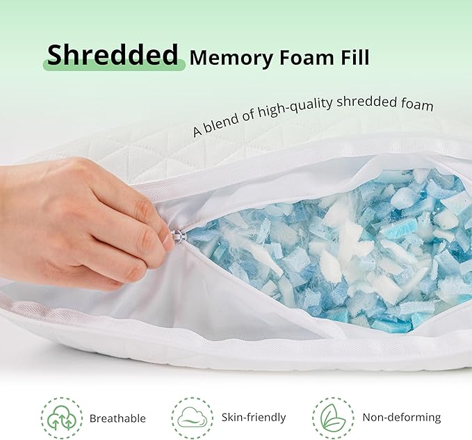 EGOHOME Shredded Memory Foam Pillows, Adjustable Bed Pillows for Side, Back or Stomach Sleepers, Neck Pillows for Sleeping, Queen Size Pillow with Removable Cover (1 PC)