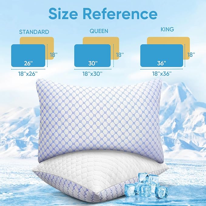 OAISZ Cooling Pillow Queen Size Set of 2, Shredded Memory Foam Bed Pillows for Sleeping, Adjustable Pillows with Cooling Cover, Soft Yet Supportive Memory Foam Pillows for Side Back Stomach Sleepers