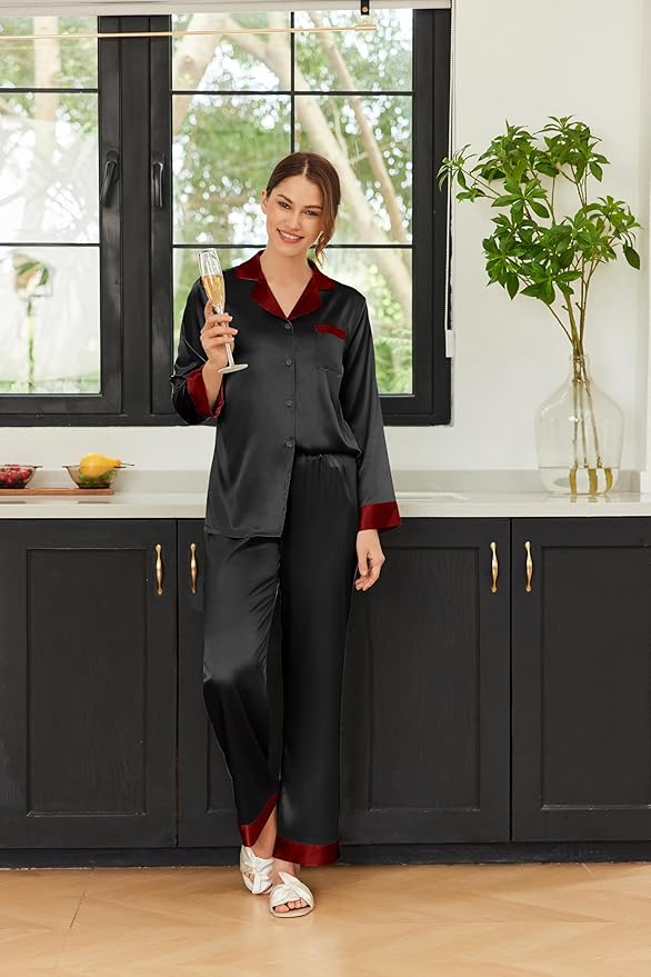 Ekouaer Silk Pajamas for Women Long Sleeve Satin Pajama Set Silky Pj Sets 2 Piece Button Down Loungewear Sleepwear