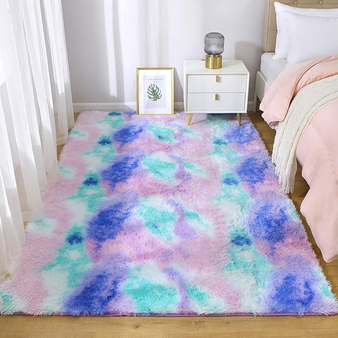 Fluffy Shaggy Area Rug for Girls Bedroom, 4 x 6 Feet Modern Fluffy Area Rug, Purple Blue Tie Dye Soft Plush Carpet for Living, Kids Girls Boys Teens Room, Bedsides, Home Office Decor