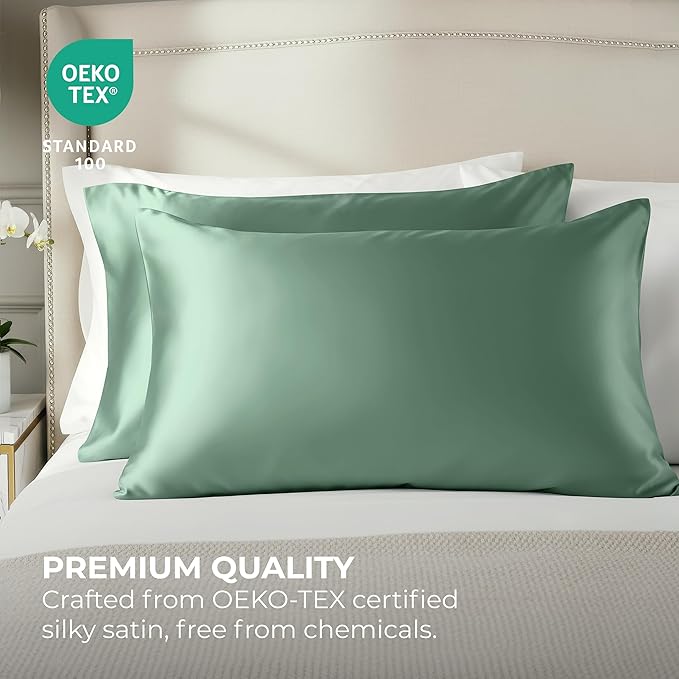 Pure Bedding Satin Pillowcase 2 Pack - King Size (20"x40", Champagne Green) - Silky Pillow Cases for Hair and Skin - Satin Pillow Covers with Envelope Closure - Extra Soft Premium Microfiber