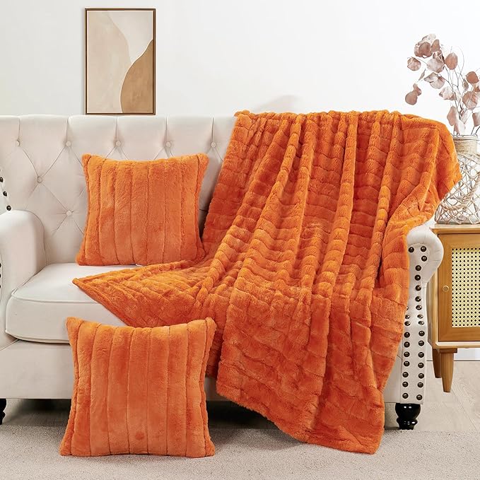 Striped Throw Blanket and Pillow Covers Set (No Inserts) for Couch and Bed, Plush Warm Lightweight Fuzzy Faux Fur Blanket for All Seasons (50" x 60", Burnt Orange)