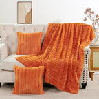 Striped Throw Blanket and Pillow Covers Set (No Inserts) for Couch and Bed, Plush Warm Lightweight Fuzzy Faux Fur Blanket for All Seasons (50" x 60", Burnt Orange)