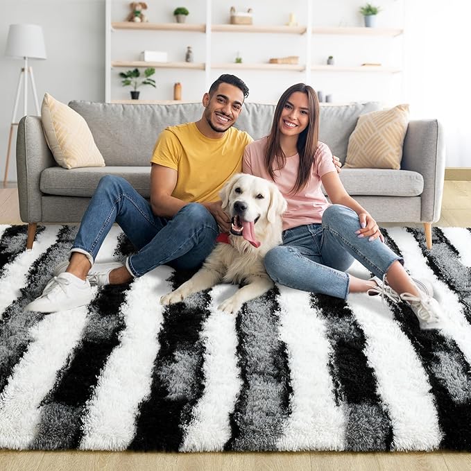 Noahas Large Fluffy 5x8 Area Rugs for Living Room Bedroom,Thick Shag Black and White Throw Rug,Big Soft Shaggy Bedside Non-Slip Plush Dorm Nursery Kids Carpet