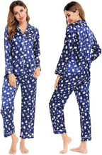 SWOMOG Womens Silk Satin Pajamas Set Long Sleeve Button Down Sleepwear 2 Piece Lounge Set Pj Set XS-3XL