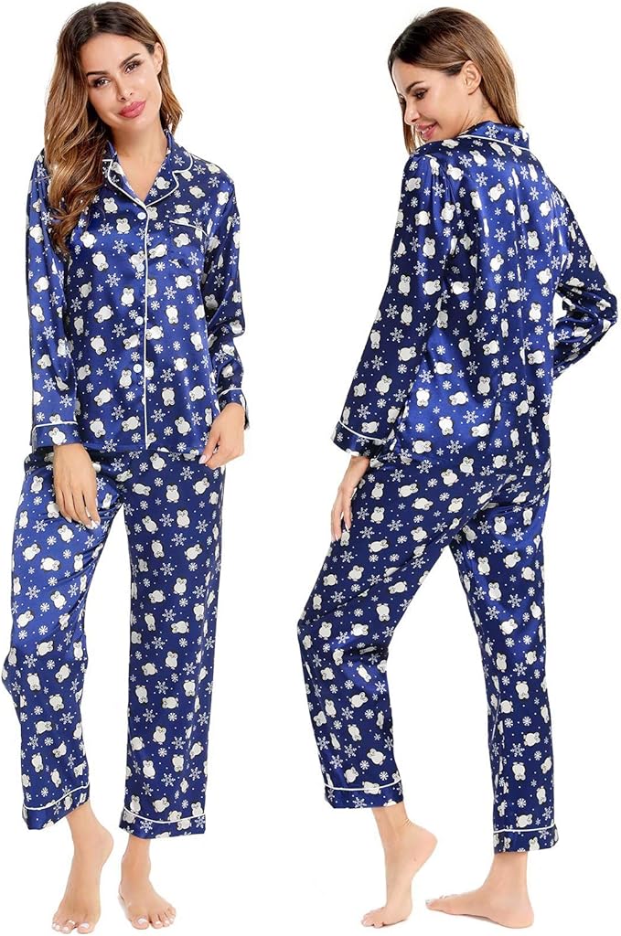 SWOMOG Womens Silk Satin Pajamas Set Long Sleeve Button Down Sleepwear 2 Piece Lounge Set Pj Set XS-3XL