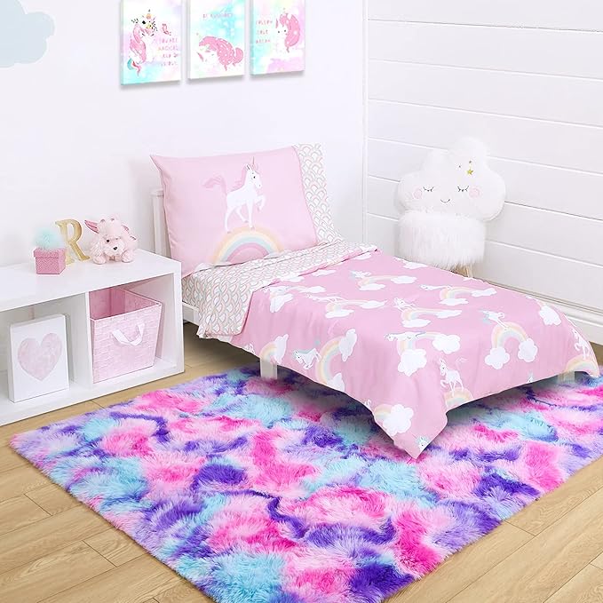 Noahas 4x6 Fluffy Kids Rugs for Room,Soft Hot Pink and Purple Tie-Dyed Rainbow Rug for Girls Bedroom,Soft Colorful Playroom Shag Nursery Carpets Room Decor