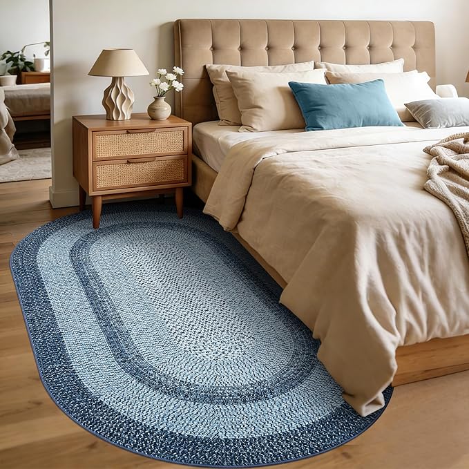 5x8 Oval Living Room Area Rug Washable Modern Border Bedroom Bedside Area Rugs Non Slip Low Pile Dining Room Oval Throw Carpet Contemporary Rugs for Living Room Kitchen Nursery, Blue