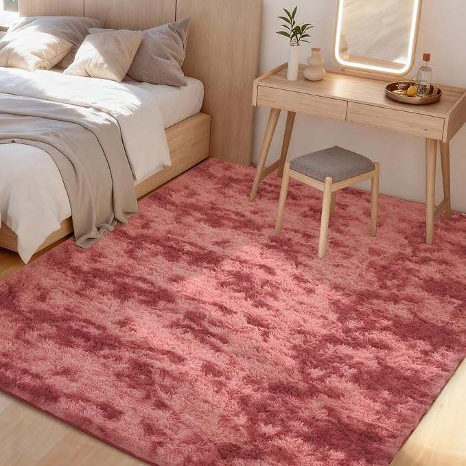 Litanika 9x12 Fluffy Shag Faux Fur Area Rug for Living Room Bedroom, Tie-Dyed Dark Red High Pile Soft Plush Shaggy Furry Bedside Playroom Dorm Carpet, Non-Slip, Non-Shedding Modern Indoor Floor Rug