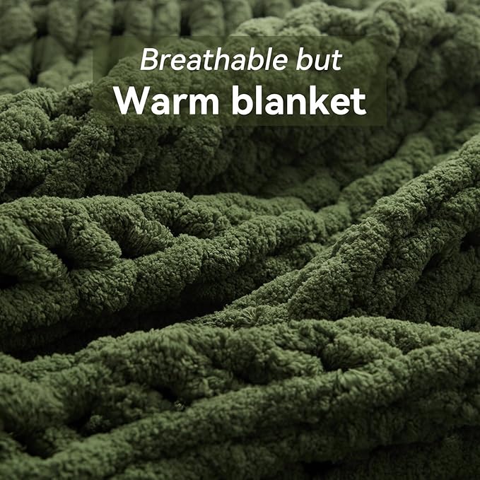 Negwoo Chunky Knit Throw Blanket, 80''*90'' Knitted Throw Chenille Yarn for Bed Couch, Handmade Green Crochet Big Thick Blanket, Machine Washable Cute Comfy Blanket for Home Decor