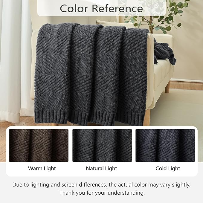 Knitted Throw Blanket 60"X80", Dark Grey Knit Throws for Bed, Super Soft Boho Chevron Blankets for Couch Sofa Chair Room Decor, Textured Decorative Farmhouse Cozy Lightweight