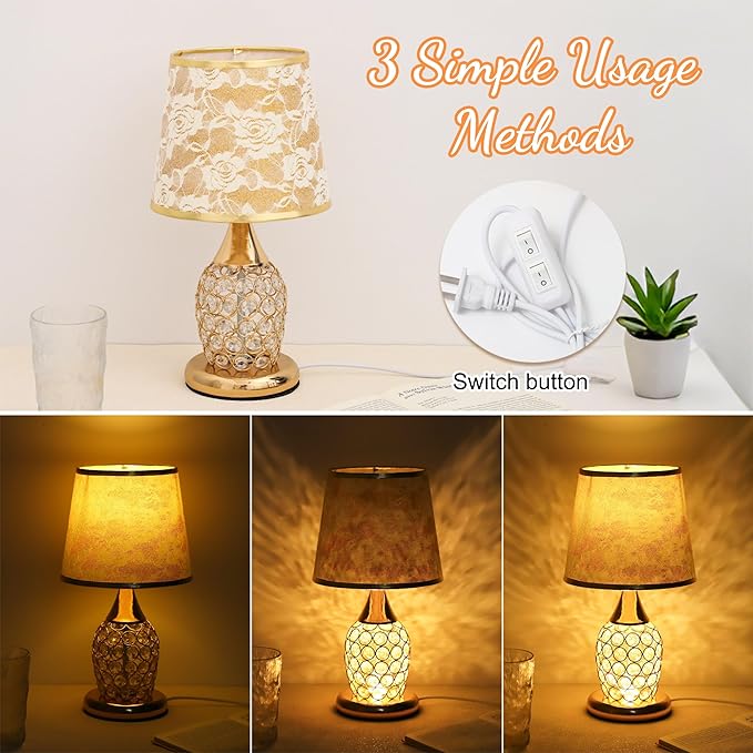 WSYEAR Crystal Table Lamp, Modern Lamp with Rose Flower Shade, LED Night Light with On/Off Switch Crystal Lamp for Living Room, Girl Bedroom, Dresser, Office