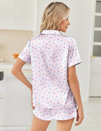 Ekouaer Womens Silk Satin Pajama Sets 2 Piece Button Down Silk Pjs Shorts Sets Cute Print Short Sleeve Sleepwear S-4XL