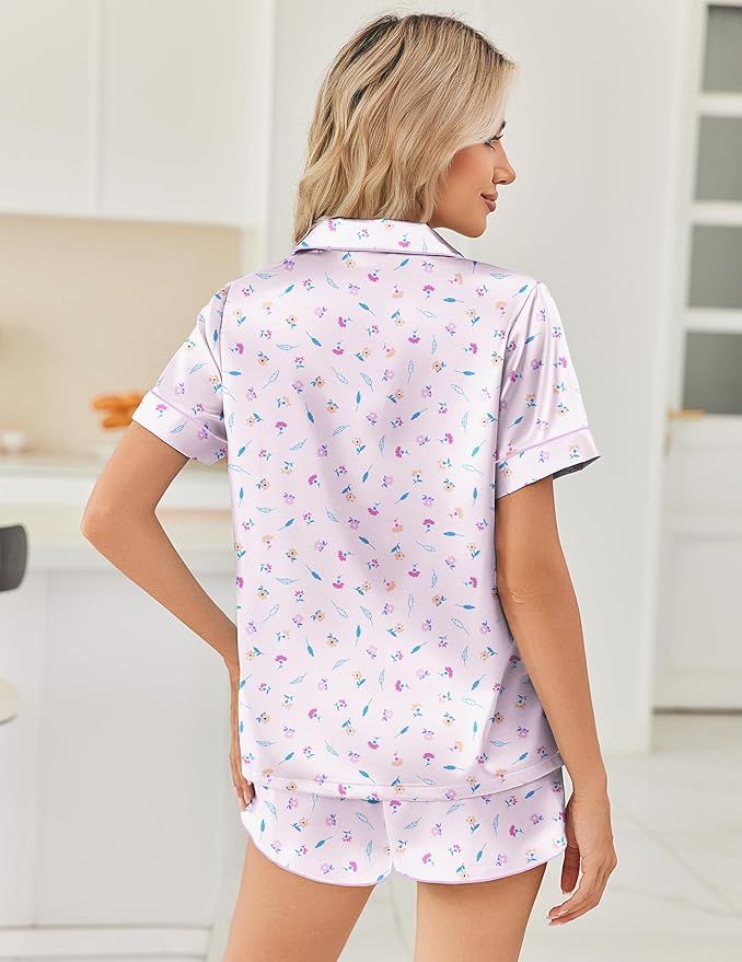Ekouaer Womens Silk Satin Pajama Sets 2 Piece Button Down Silk Pjs Shorts Sets Cute Print Short Sleeve Sleepwear S-4XL