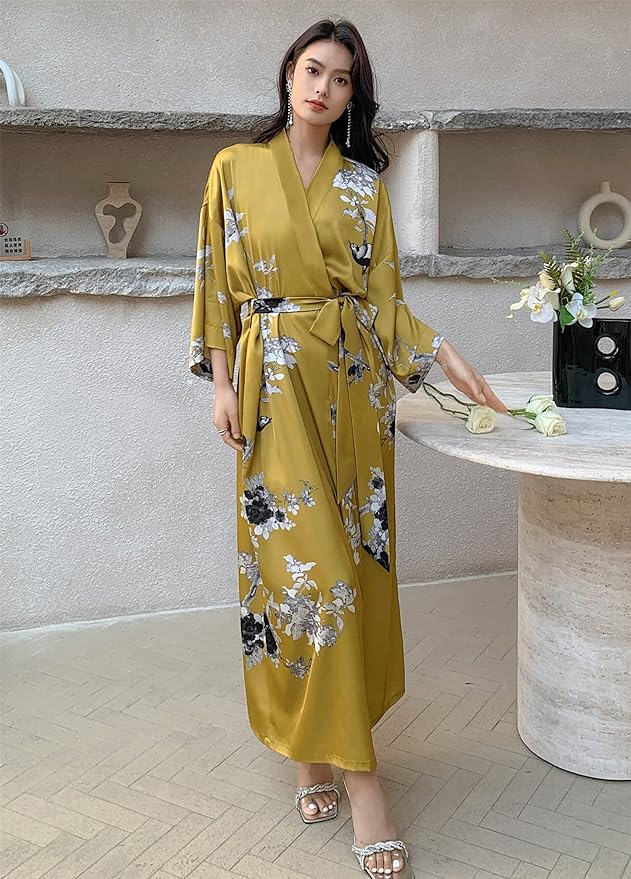 Kihnop Women's Floral Long Kimono Robe Long Satin Robe Long Silk Robe Ladies Kimonos Silky Bathrobe Cover Up, One Size