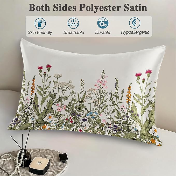 Silk Like Pillowcase for Hair and Skin Herbs and Wildflowers 1 Pack Satin Pillowcase with Hidden Zipper Soft Breathable Smooth Cooling Pillow Cover King Size for Bedroom Sofa 20”x36”