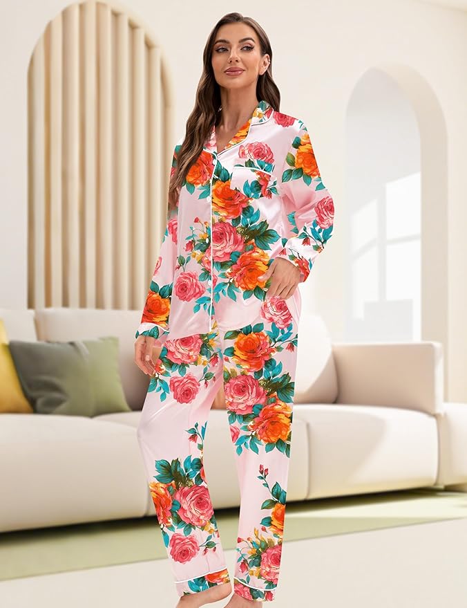 EPLAZA Silk Pajamas for Women Satin Pajamas Set 5 Pcs Long Sleeve Print Pattern Button Down Pjs Sleepwear Loungewear Set