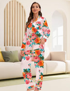 EPLAZA Silk Pajamas for Women Satin Pajamas Set 5 Pcs Long Sleeve Print Pattern Button Down Pjs Sleepwear Loungewear Set