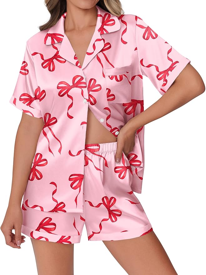 Ekouaer Womens Silk Satin Pajamas Set Animals Print Pjs Button Down Short Sleeve Lounge Set 2 Piece Sleepwear