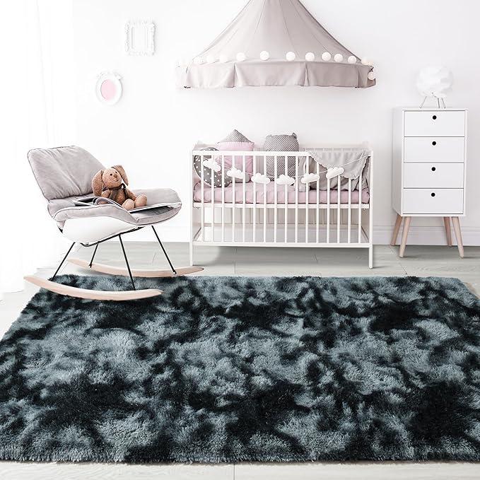Noahas Fluffy Bedroom Rug,3x5 Feet Plush Fuzzy Tie-Dyed Black and Grey Area Rugs for Living Room, Non Slip Thick Soft Shaggy Nursery Furry Floor Dorm Kids Carpet