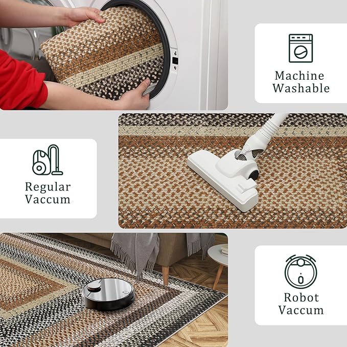 RUGSREAL Braided Washable Area Rug 8x10 Large Area Rug for Living Room Modern Braid Bedroom Carpet Non Slip Stain Resistant Dining Room Throw Rug Farmhouse Accent Carpet for Home Decor, Sand/Bronze