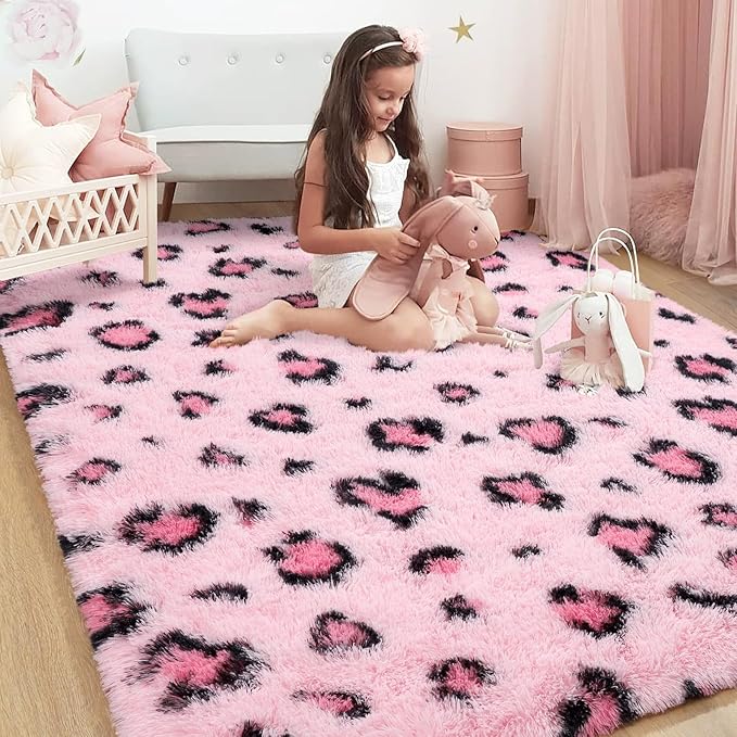 HOMORE Leopard Print Rugs, 3x5 Feet Pink Leopard Rug for Girls Bedroom, Soft Cheetah Print Rugs for Living Room Western Decor, Modern Indoor Fluffy Area Rug for Kids Nursery Dorm Decor
