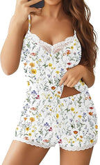 Ekouaer Womens Pajama Sets 2 Piece Lingerie Sleepwear Cute Cami Shorts Pjs Set Soft V Neck Lace Trim Nightwear