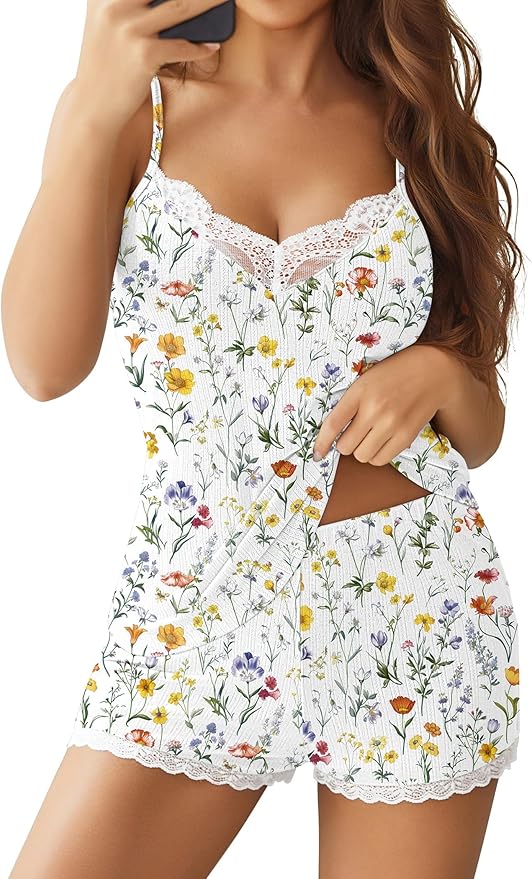 Ekouaer Womens Pajama Sets 2 Piece Lingerie Sleepwear Cute Cami Shorts Pjs Set Soft V Neck Lace Trim Nightwear