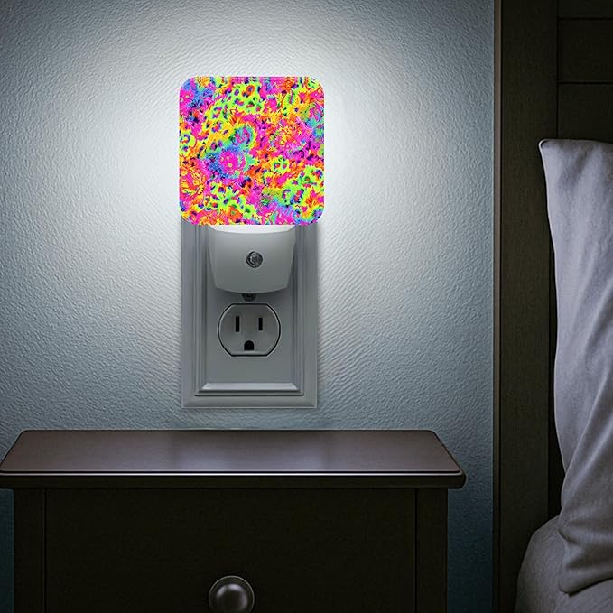 Floral Night Lights Plug Into Wall, Modern Playful Swirls Colorful Patterns Summer Neon Peach Plug in Wall Night Light with Auto Sensor for Bathroom Hallway Stairs Decor 2pcs