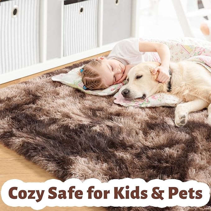 Amdrebio Tie-Dyed Brown Rugs for Bedroom Living Room, 8x10 Large Fluffy Shaggy Plush Area Rugs for Kids Room Decor Aesthetic, Modern Cool Fuzzy Furry Carpet for Classroom Playroom Preppy Dorm Nursery