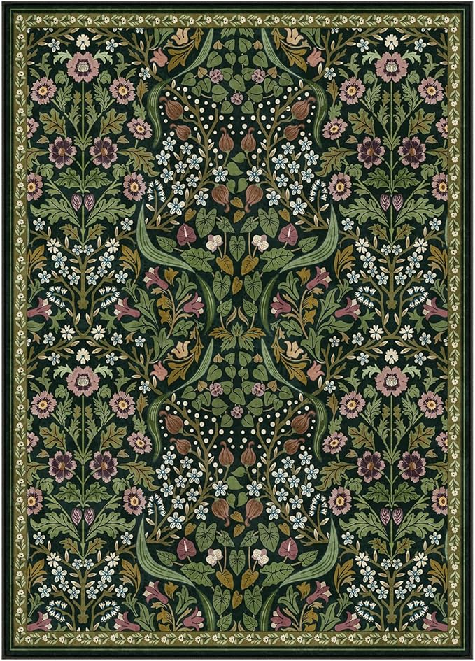 Lahome Claude Floral 5x7 Washable Living Room Rugs, Green Area Rugs for Bedroom Rubber Backed, Botanical Thin Stain-Resistant Carpet for Dining Room, Guestroom, Kids Room, Living Room Decor