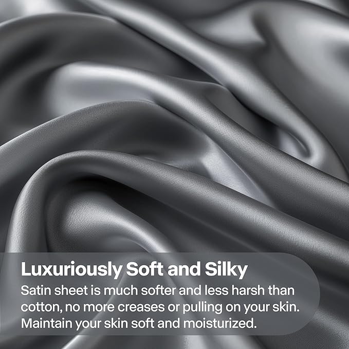 BEDELITE Satin Sheets Twin XL Size Bed Set, Luxury Soft Dark Grey Silky Sheet for Hair and Skin, Similar to Silk Bed Sheets Set 3 Pieces with 1 Deep Pocket Fitted Sheet, 1 Flat Sheet, and 1 Pillowcase