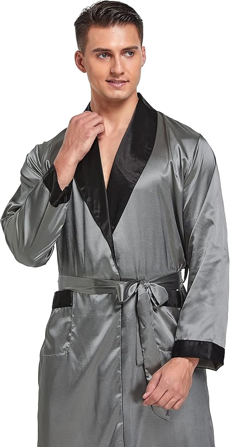Tony & Candice Men's Satin Robe Lightweight Long Sleeve Silk Kimono Bathrobe with Shorts Set Sleepwear
