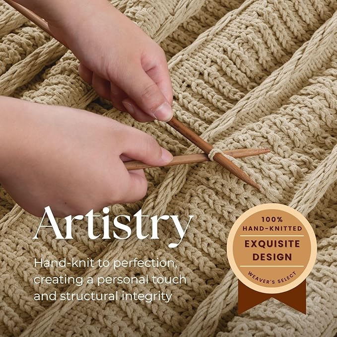 Boho Knitted Chenille Blanket with Tassels - Lightweight & Soft All-Season Throw - 3D Classic Pattern for Living Room Bedroom Couch, Sandy Beige, King 90"x108"