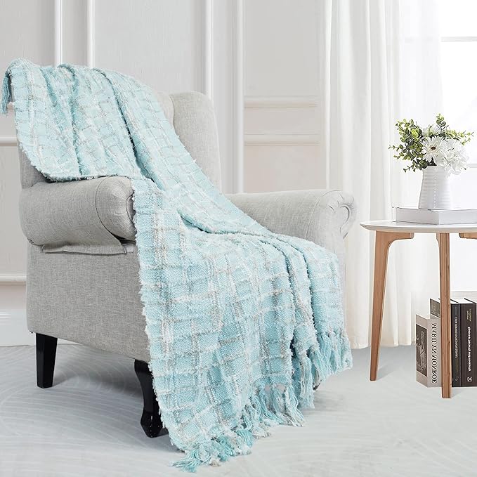 Multicolored Chenille Knitted Throw Soft Cozy Fluffy Reversible Boho Plaid Throw Blanket with Tassels for Couch Chair Bed Cover Living Room Bedroom Décor, 50" x 60", Light Blue