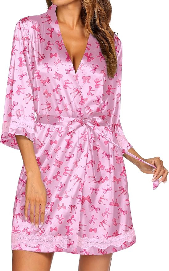 Ekouaer Women's Lace-Trim Silk Robes Bride Bridesmaid Kimono Satin Bathrobe V Neck Sleepwear with 3/4 Sleeve